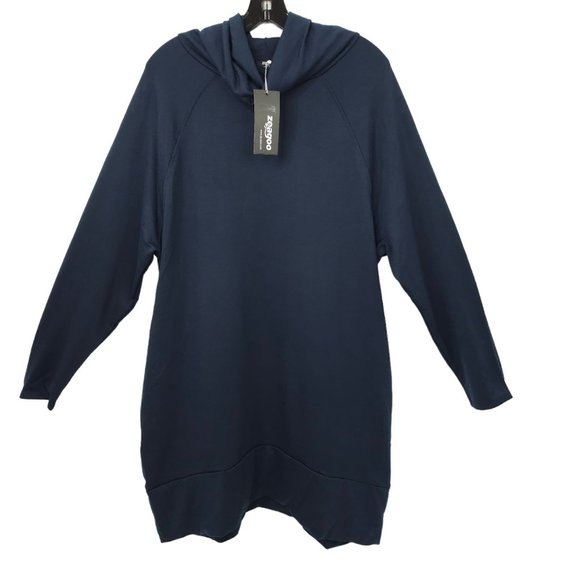 Zeagoo Mock Cowl Neck Knit Dress Womens Size L Blue Long Sleeve Banded Hem NEW - Picture 1 of 16